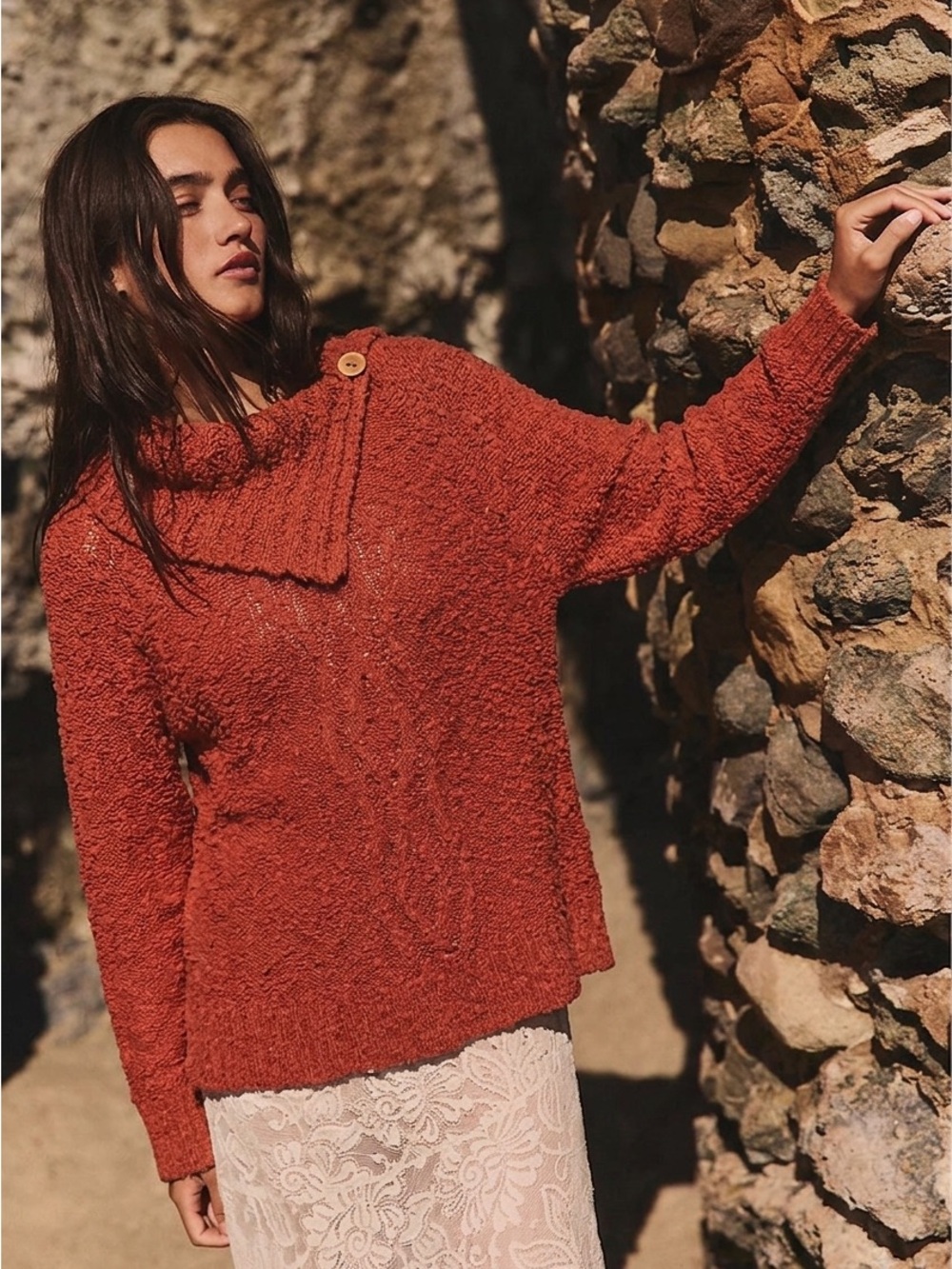 Anthropologie Moth Rust Textured Boucle Cowl Envelope Neck Sweater Medium Boho